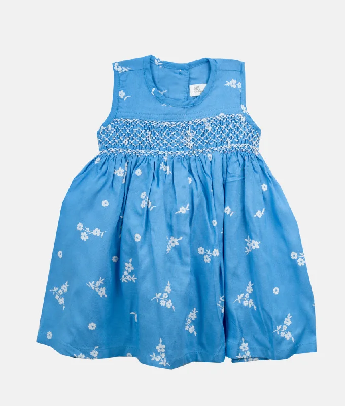 Emma Steel Blue Floral Smocked Girls Dress