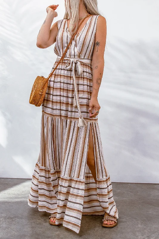 Striped Tie Waist Slit Sleeveless Dress