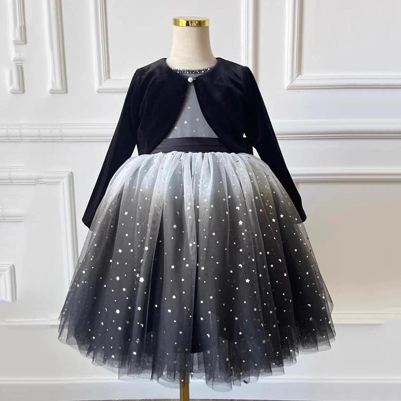 Elegant Baby Girl Round Neck Black Gradient Princess Dress Girl Toddler Sequined Flower Girl Dress