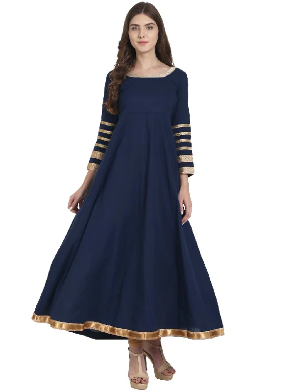 NOZ2TOZ Blue Full Sleeve Cotton Anarkali Kurta With Lace Work At Sleeve & Hemline