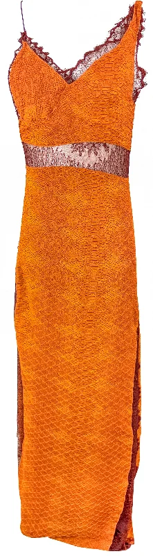 Victoria Beckham Lace Paneled Snake Print Dress in Orange